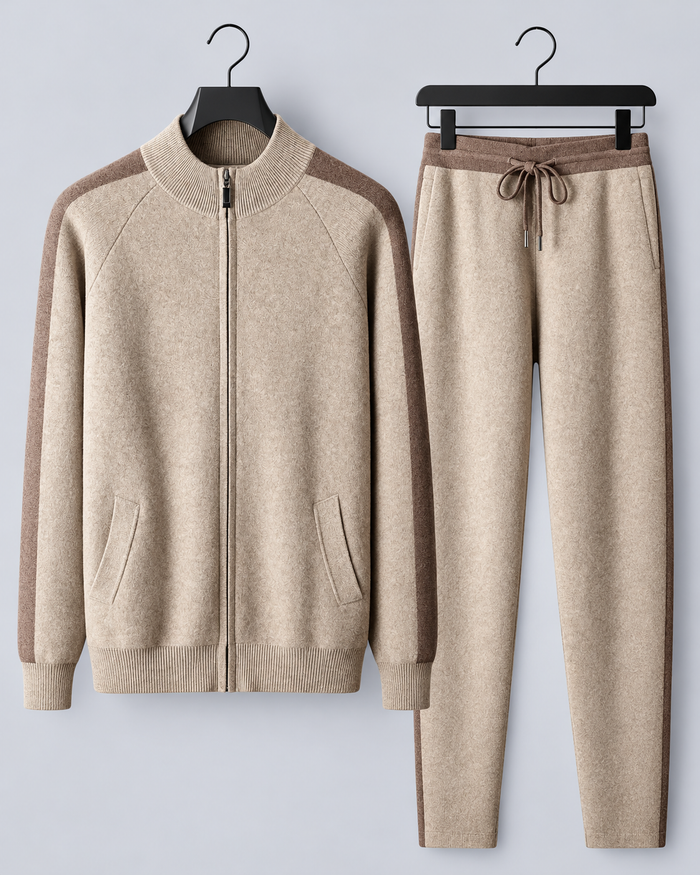 Men's 100% Cashmere Tracksuit with Stand Collar Zip Jacket and Contrast Panels