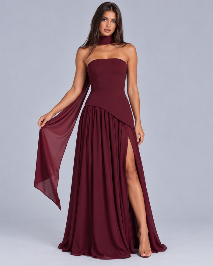 Women's Strapless Maxi Dress with Neck Scarf