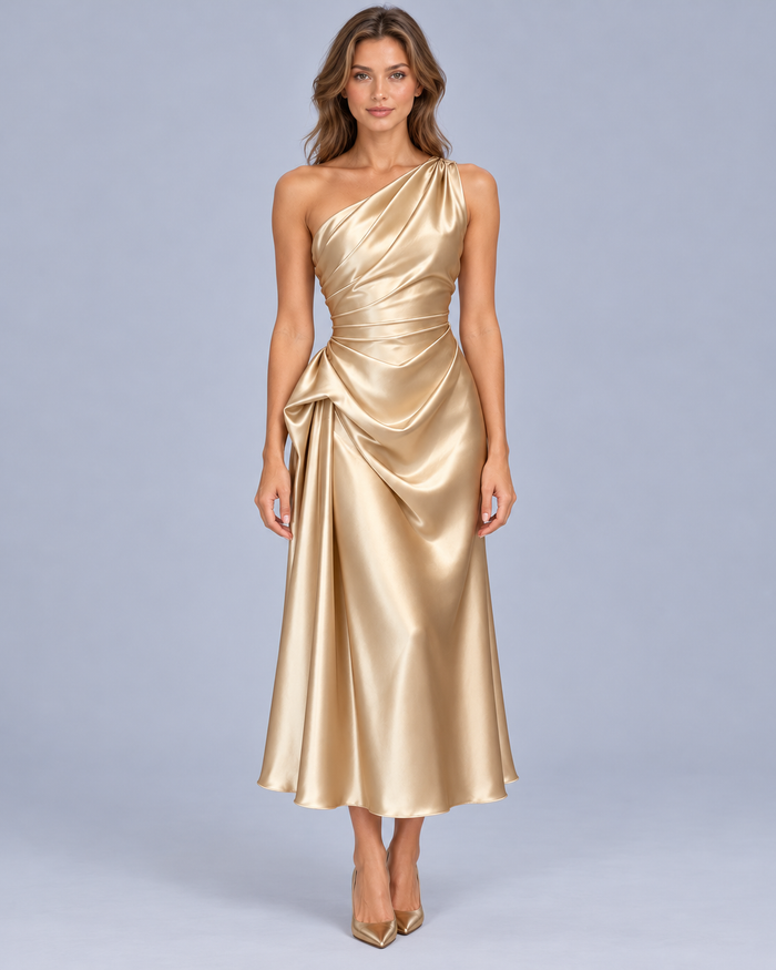 Women's One Shoulder Draped Midi Dress
