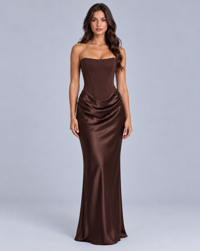 Women's Strapless Satin Corset Maxi Dress