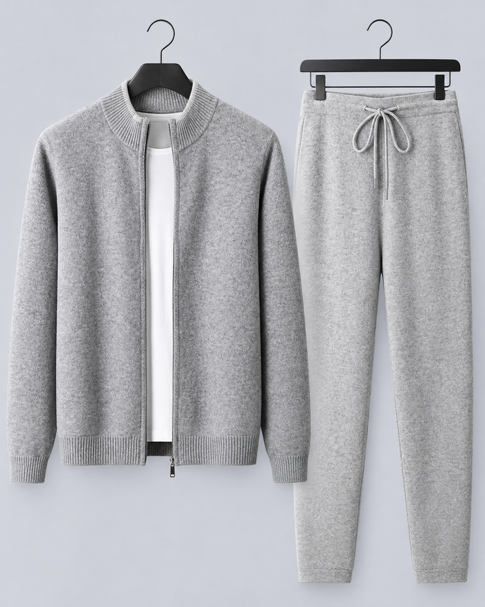 Men's 100% Merino Wool Knitted Tracksuit with Stand Collar and Tapered Joggers