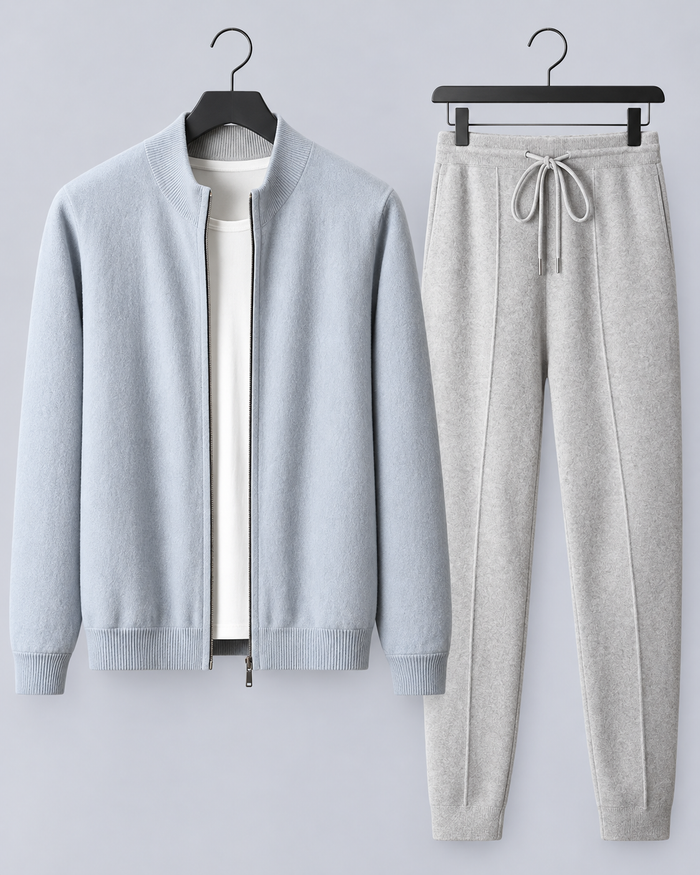 Men's 100% Merino Wool Knitted Tracksuit with Zip-Up Jacket and Drawstring Joggers