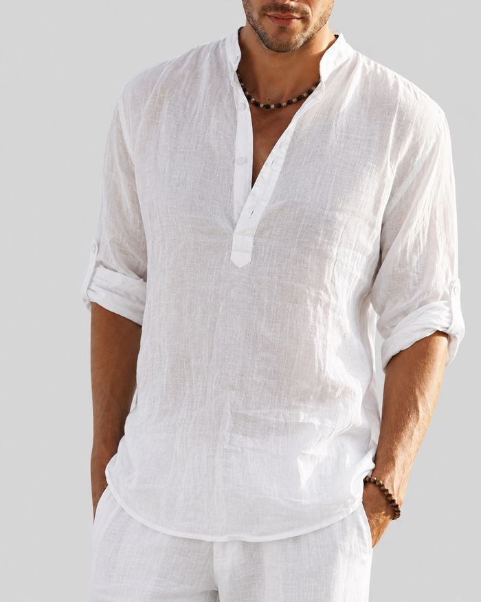 Men's Linen Open Collar Long Sleeve Shirt