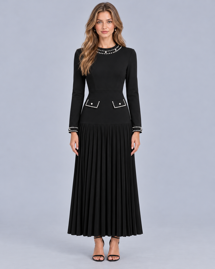 Women's Pleated Maxi Dress with Pearl Trim