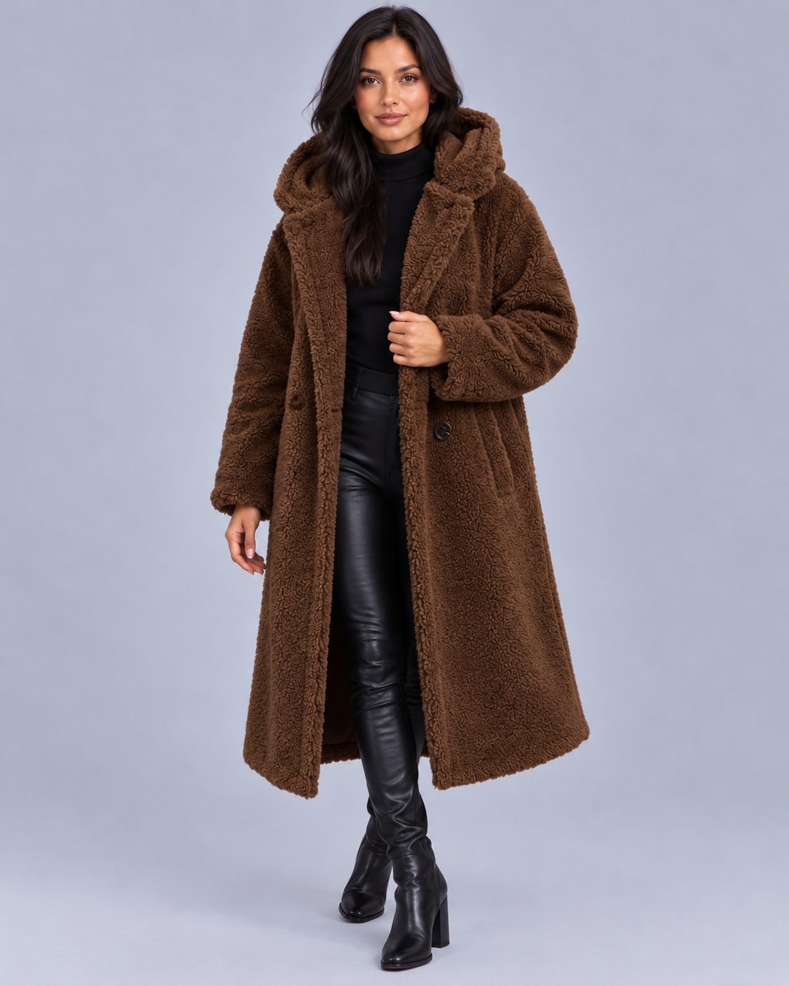 Women's Oversized Longline Hooded Teddy Coat