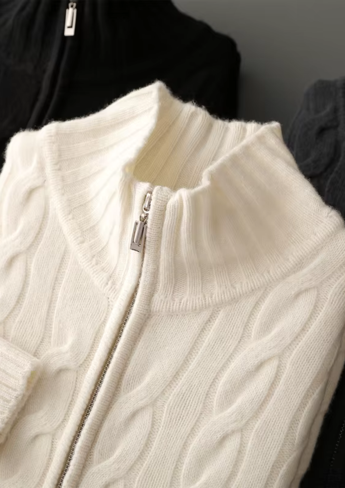 Two-Way Zip Wool Cable Cardigan