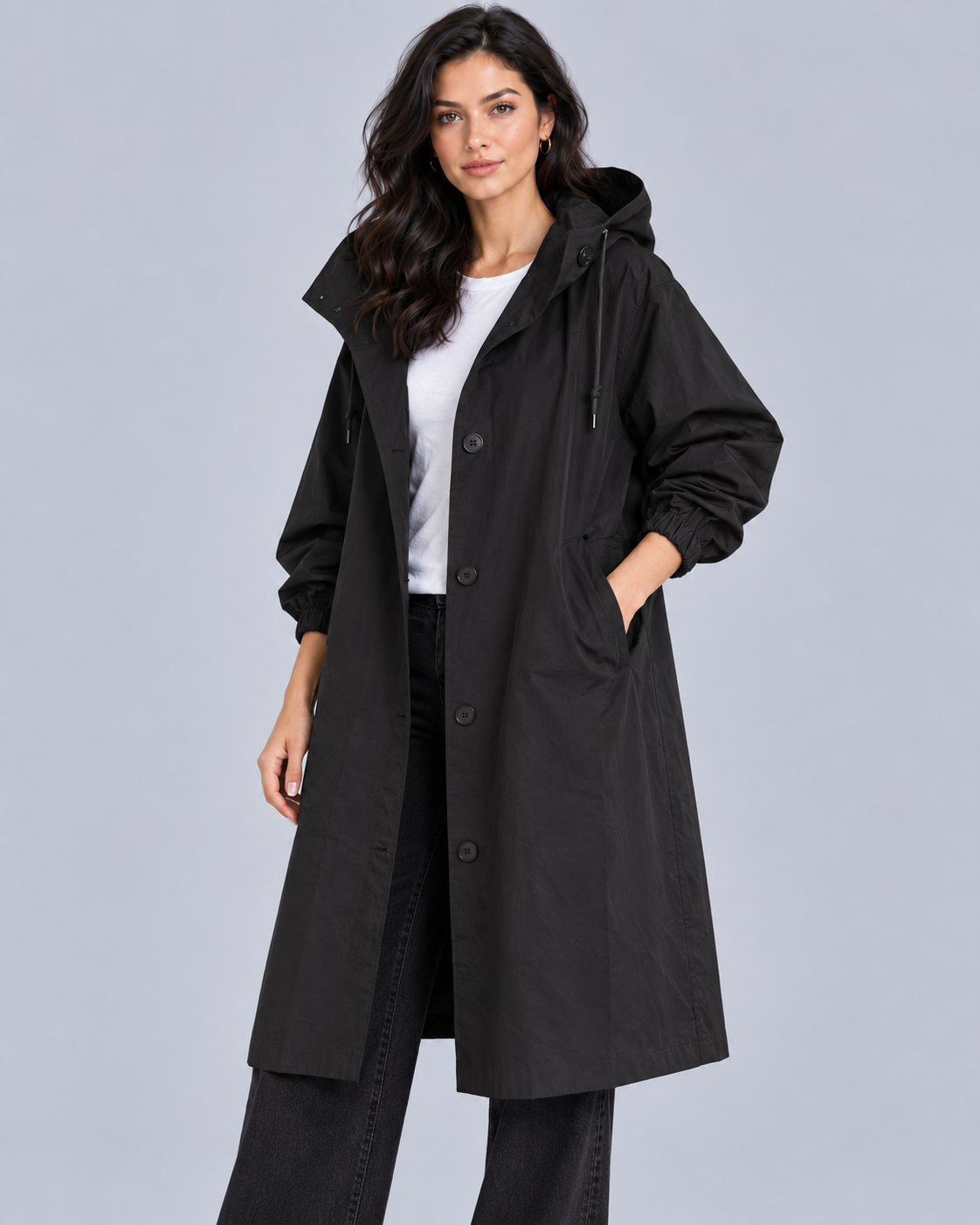 Women's Lightweight Synthetic Longline Trenchcoat| Elegant Packable Hooded Overcoat