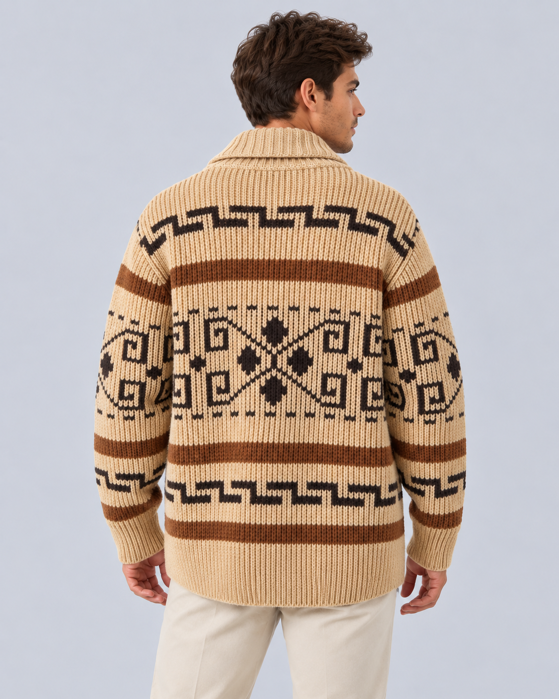 Men's Jacquard Zip Cardigan in Acrylic Knit | Shawl Collar with Geometric Pattern