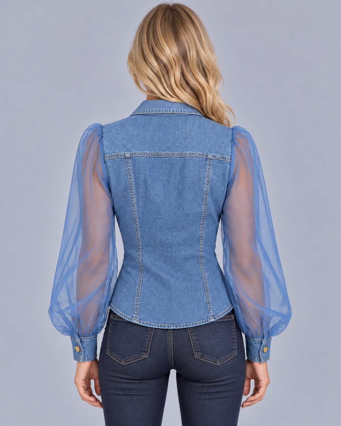 Women's Denim-Look Blouse with Sheer Balloon Sleeves – Button Front, Chest Pockets, Fitted Waist