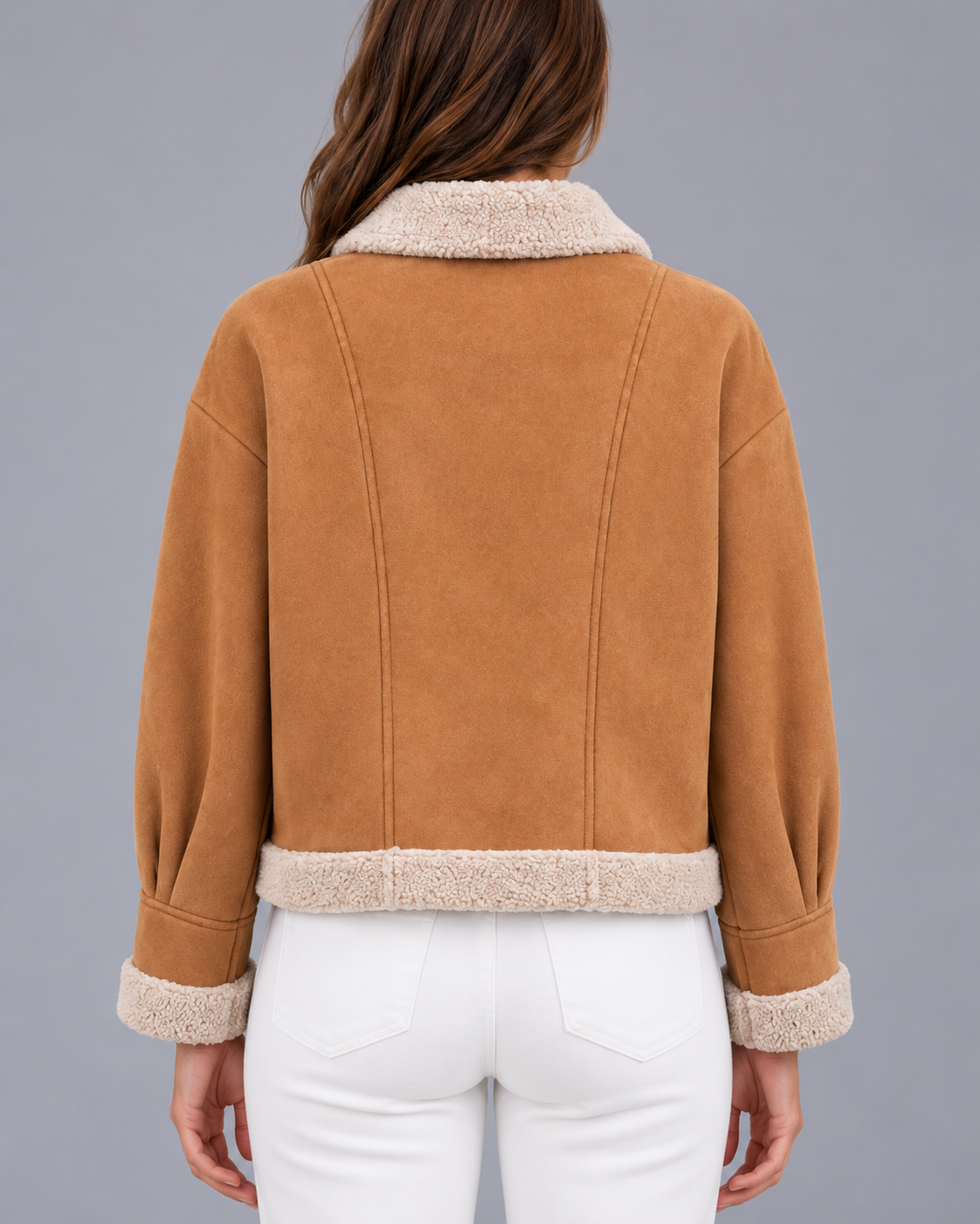 Women's Brown Faux Suede Jacket with Teddy Collar and Trim