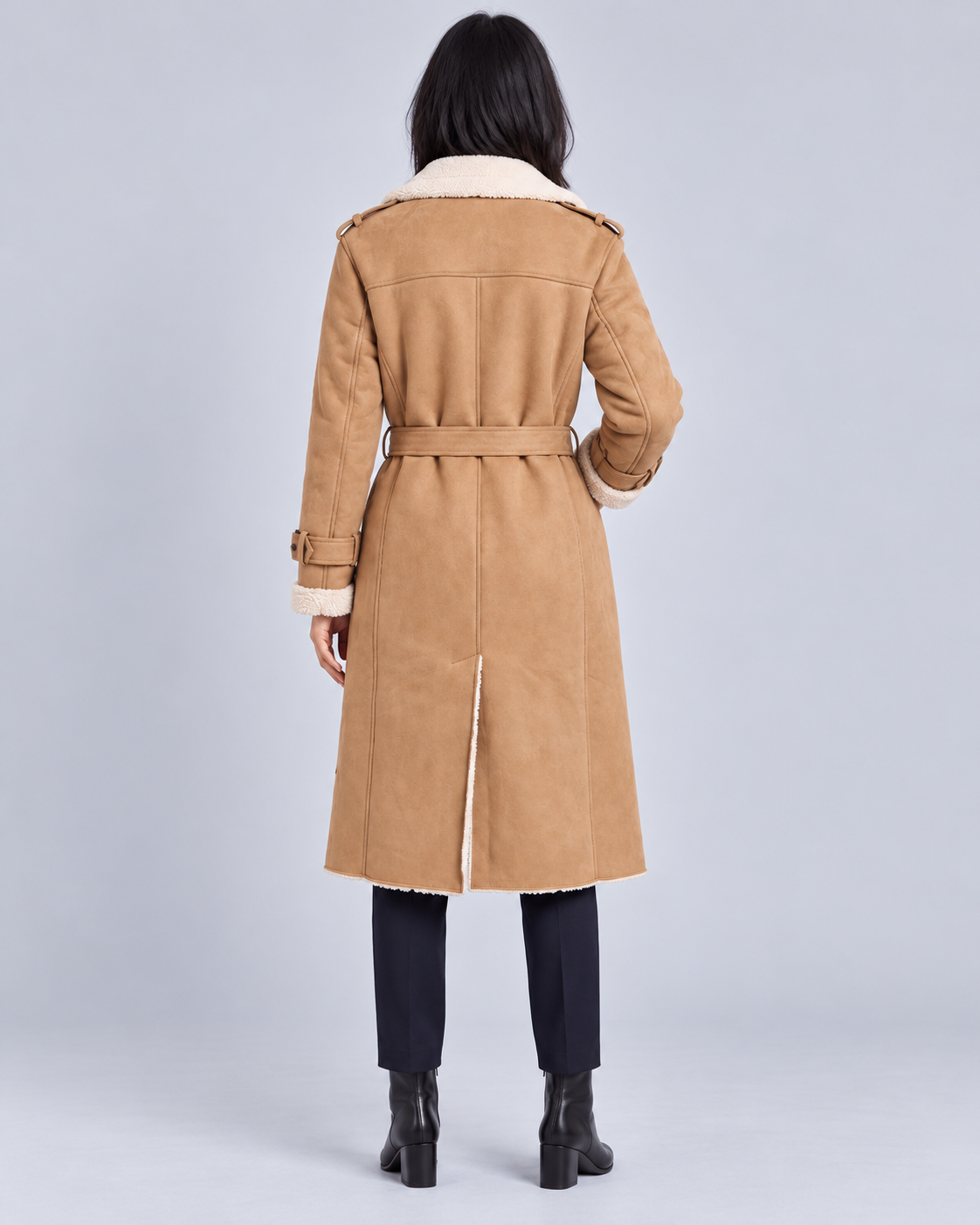 Women's Longline Aviator Coat | Leather-Look Borg-Trim Winter Coat