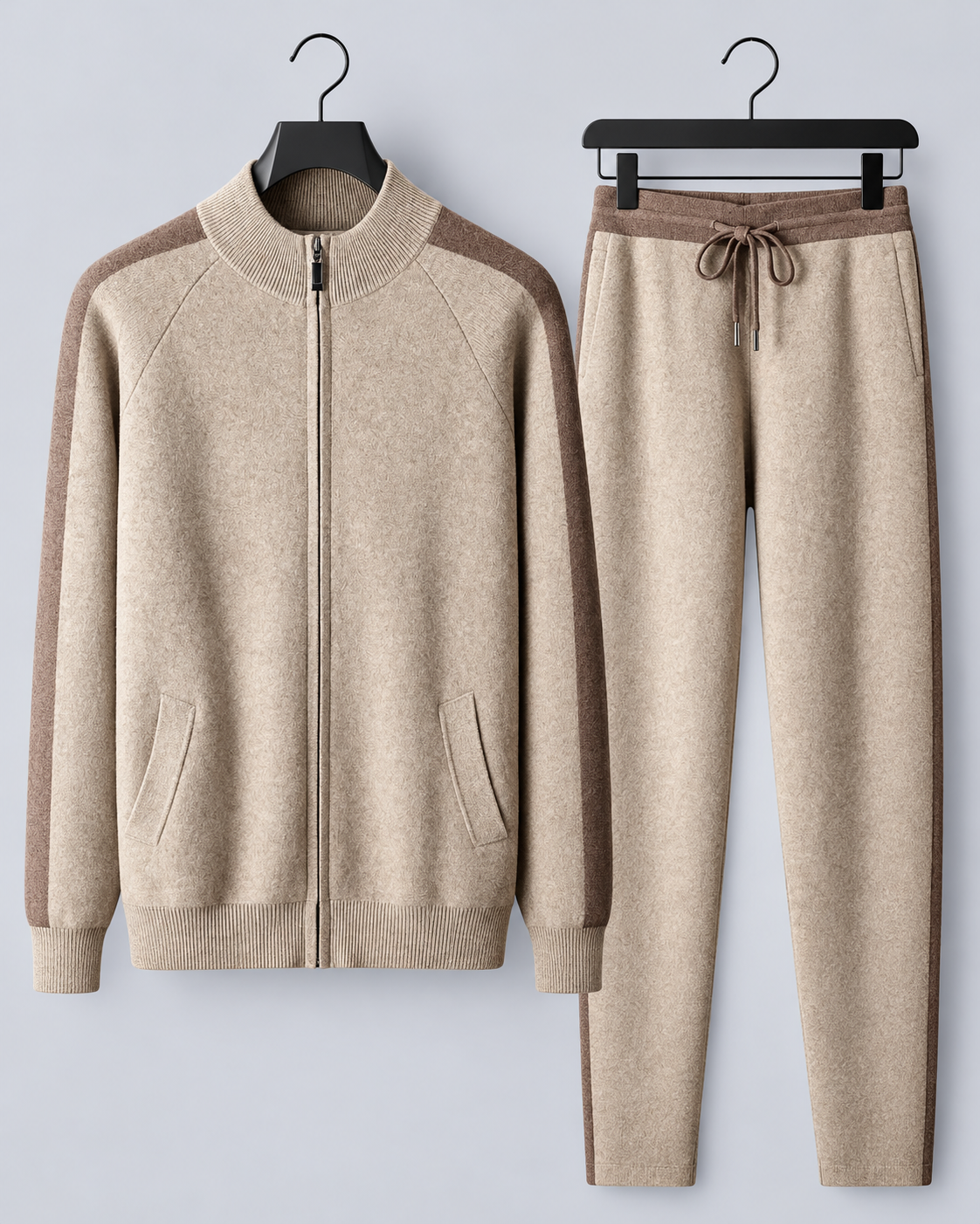 Men's 100% Cashmere Tracksuit with Stand Collar Zip Jacket and Contrast Panels