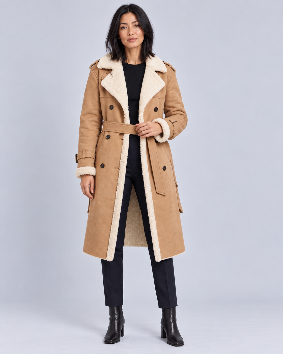 Women's Longline Aviator Coat | Leather-Look Borg-Trim Winter Coat