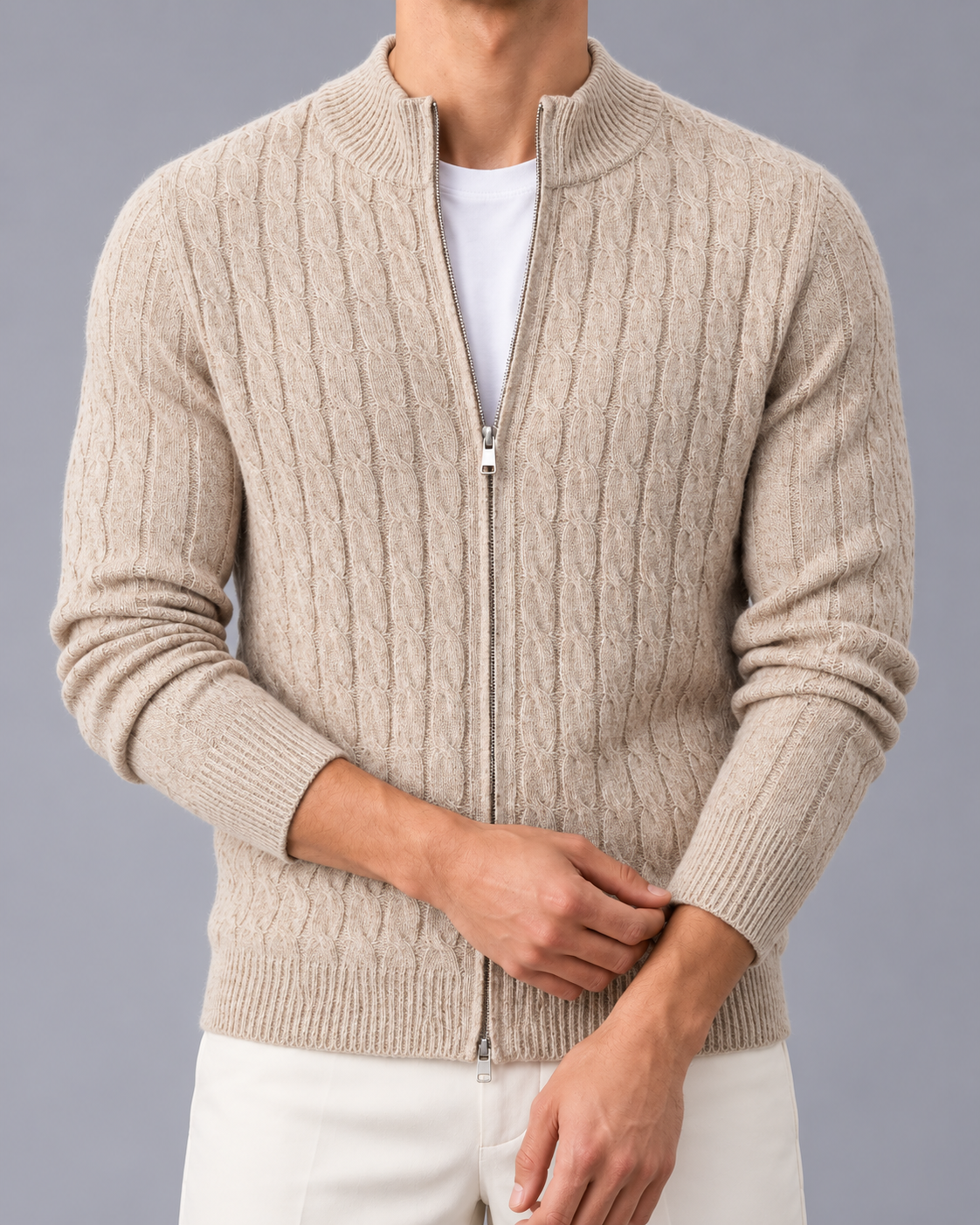 Men's Cable Knit Zip-Up Cardigan with Stand Collar