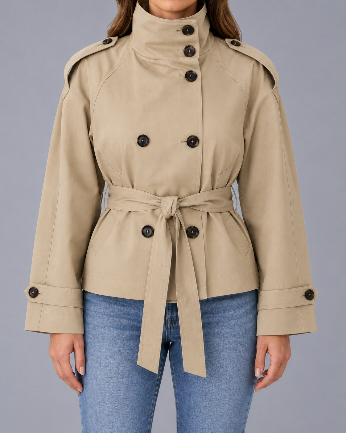 Women’s Cropped Trench Coat | Funnel Neck Tie Waist