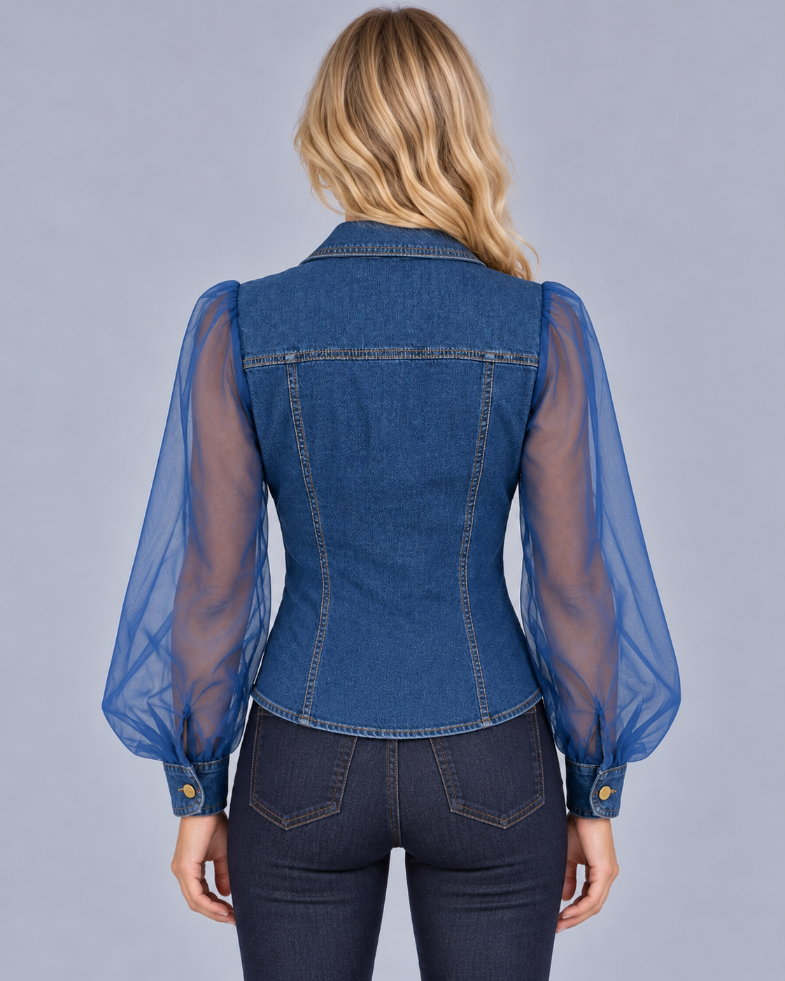 Women's Denim-Look Blouse with Sheer Balloon Sleeves – Button Front, Chest Pockets, Fitted Waist