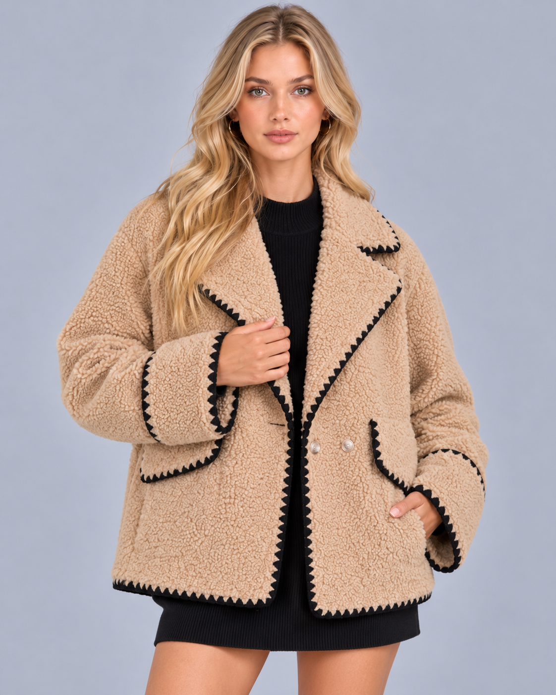 Women's Teddy Jacket with Contrast Stitch Trim and Lapel Collar