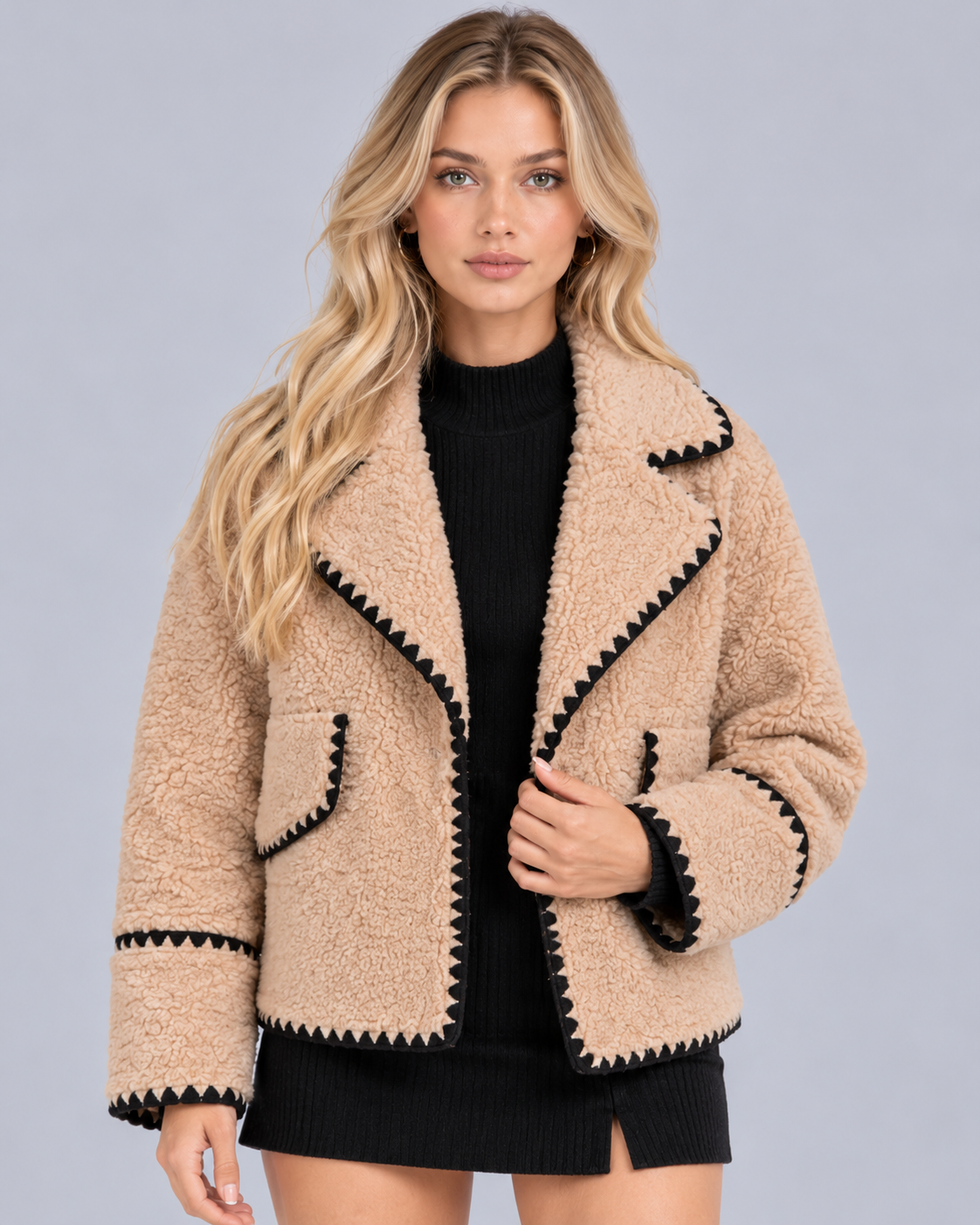 Women's Teddy Jacket with Contrast Stitch Trim and Lapel Collar
