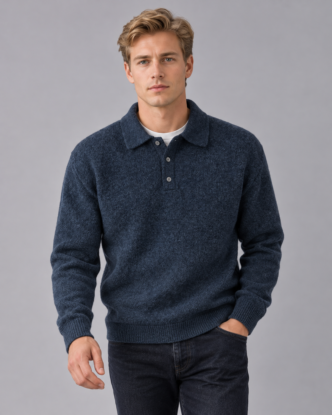 Men's Polo Collar Jumper with Ribbed Cuffs