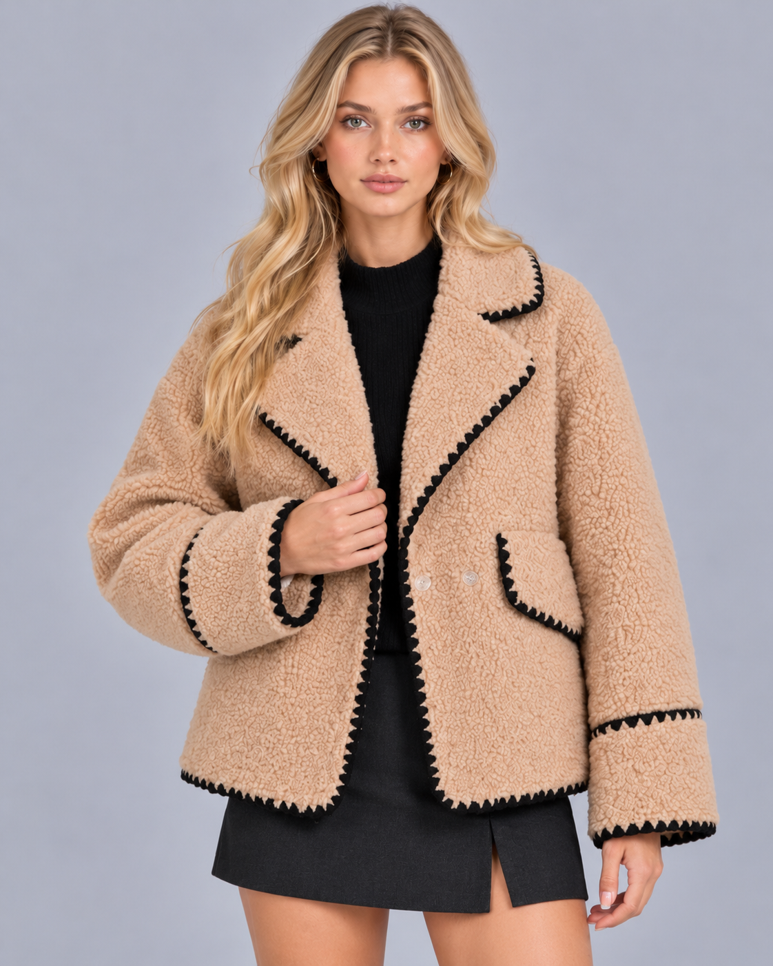 Women's Teddy Jacket with Contrast Stitch Trim and Lapel Collar