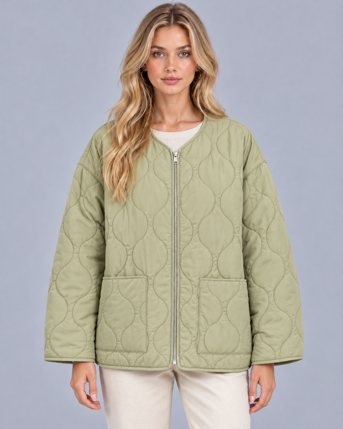 Women's Collarless Quilted Jacket | Lightweight Padded Zip-Up Jacket with Wave Stitching