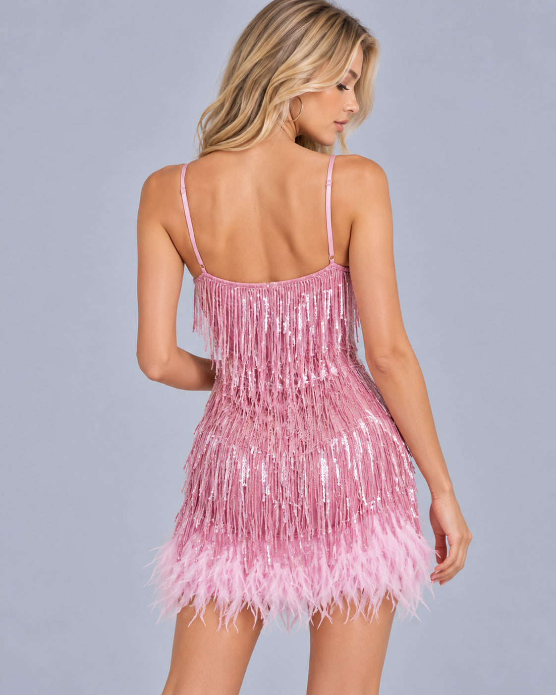 Women's Fringe Mini Dress with Feather Trim