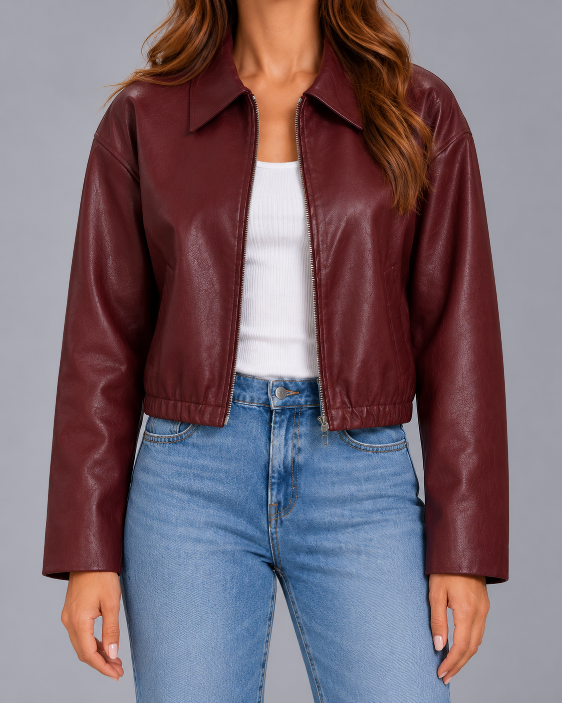 Women's Cropped Faux Leather Jacket with Point Collar and Elasticated Hem