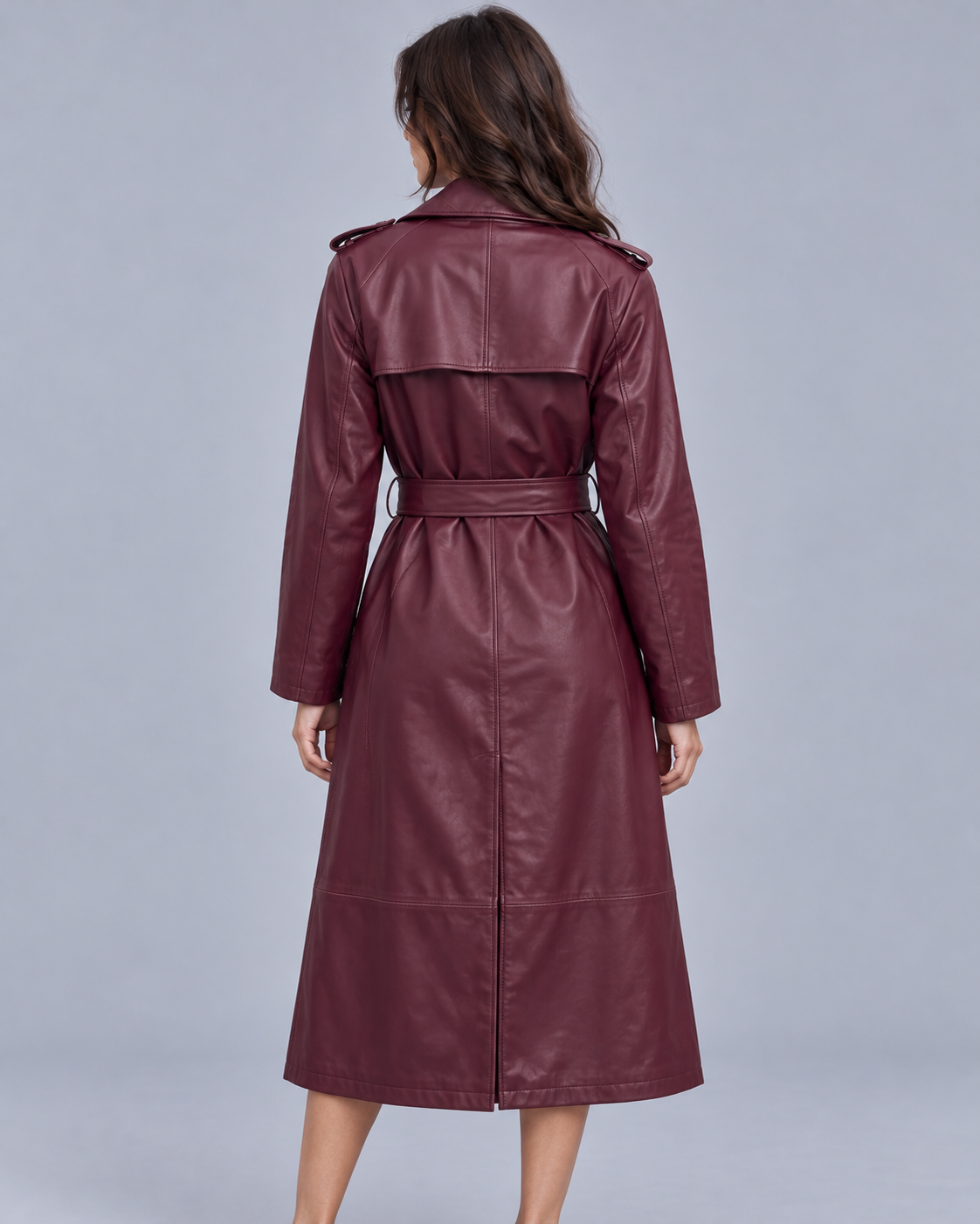 Women's Belted Faux Leather Midi Trench Coat | Long Overcoat