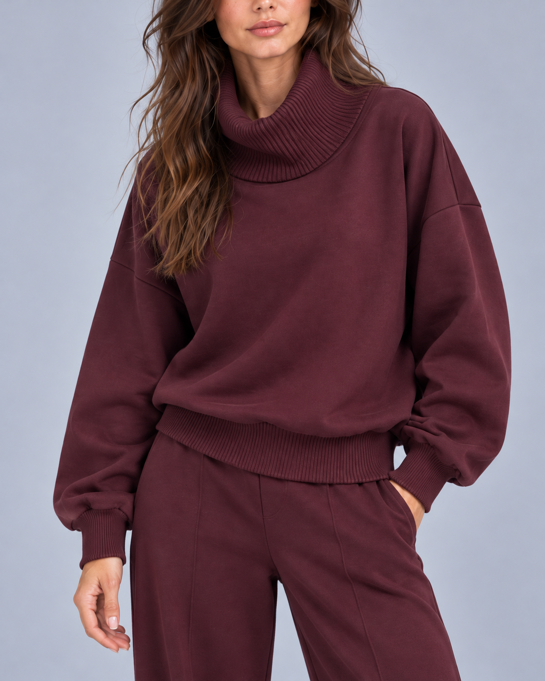 Women's Lounge Co-ord Set – Roll Neck Top and Wide Leg Trousers, Relaxed Fit