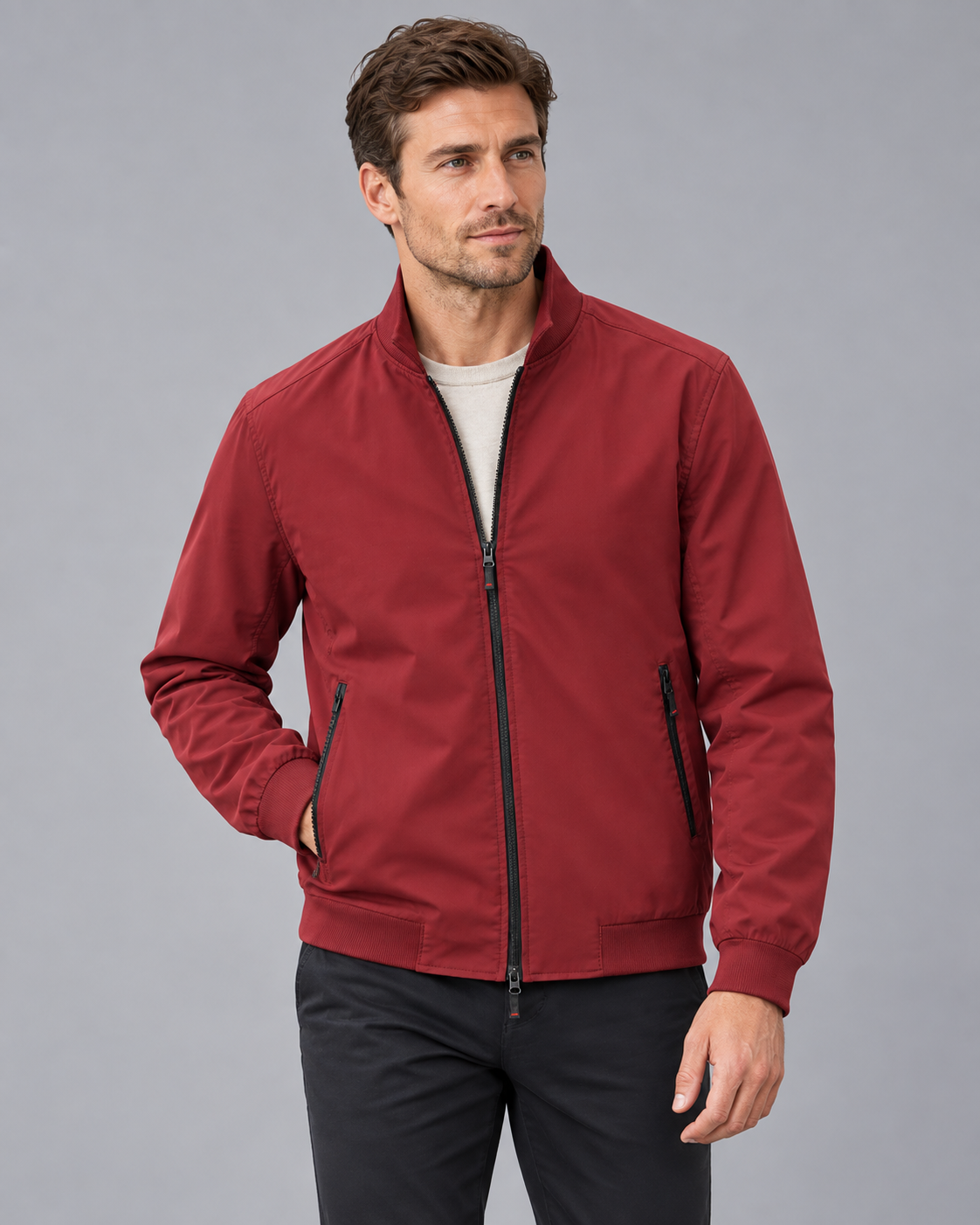 Men's Bomber Jacket | Stand Collar with Full Zip and Zip Pockets