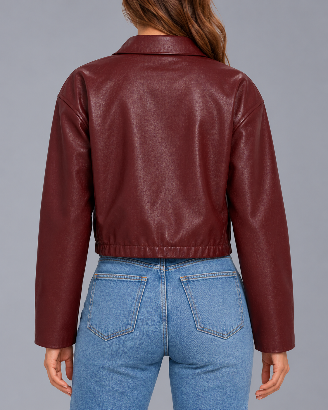 Women's Cropped Faux Leather Jacket with Point Collar and Elasticated Hem