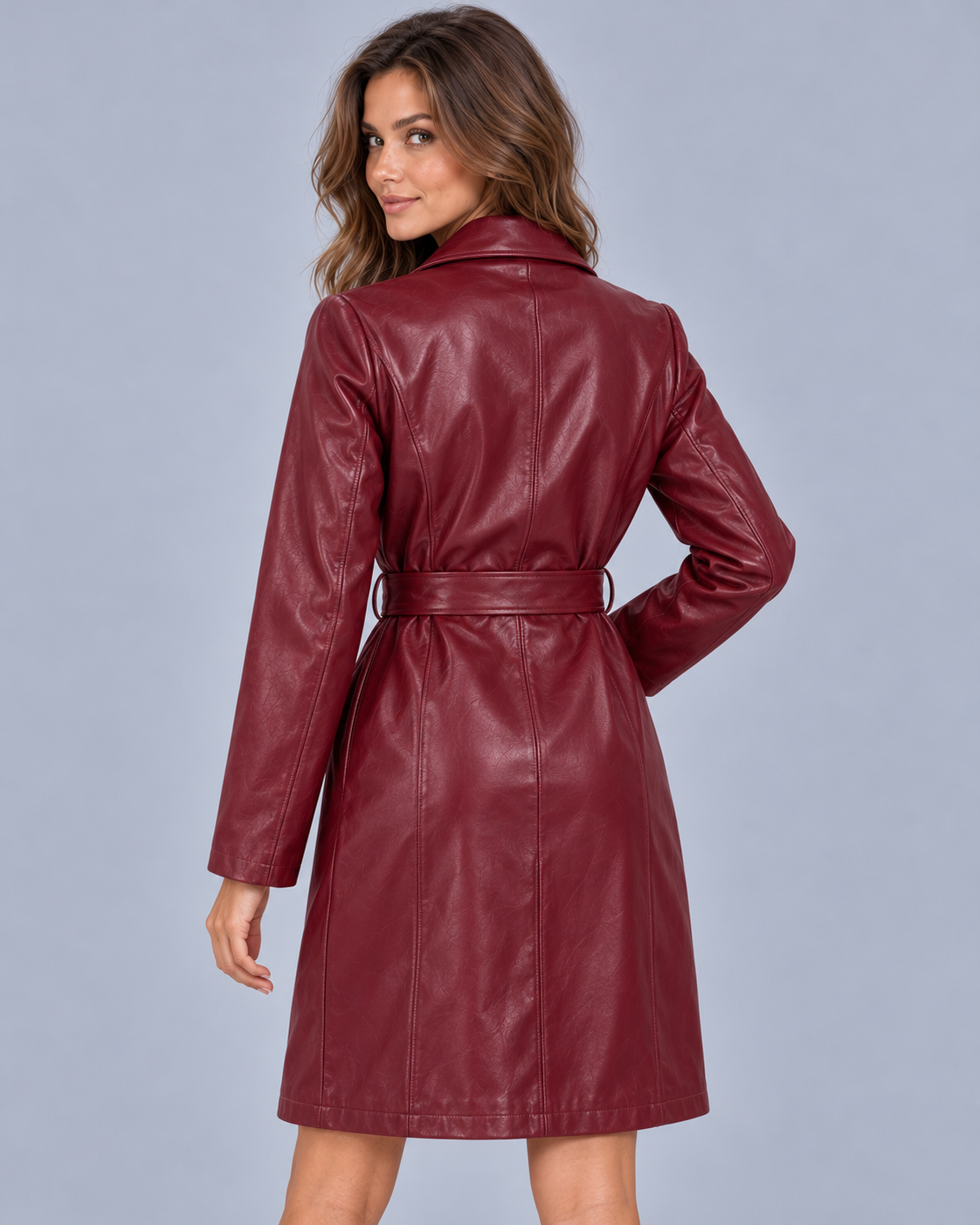 Women's Faux Leather Belted Trench Coat