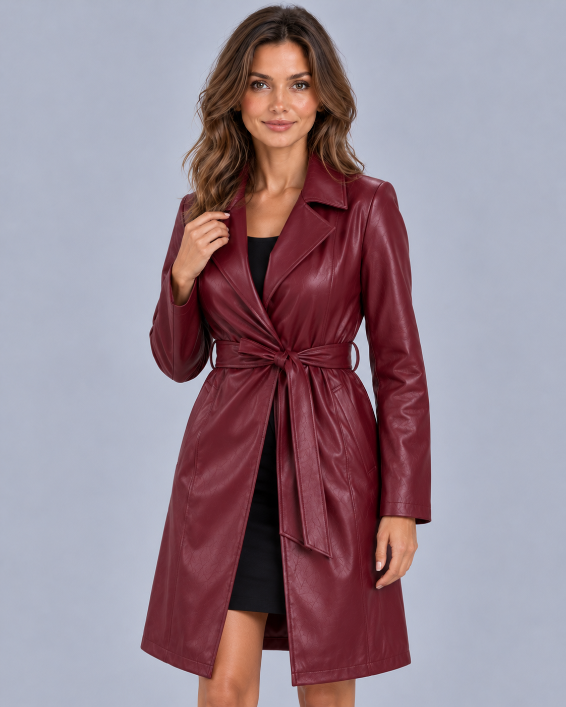 Women's Faux Leather Belted Trench Coat