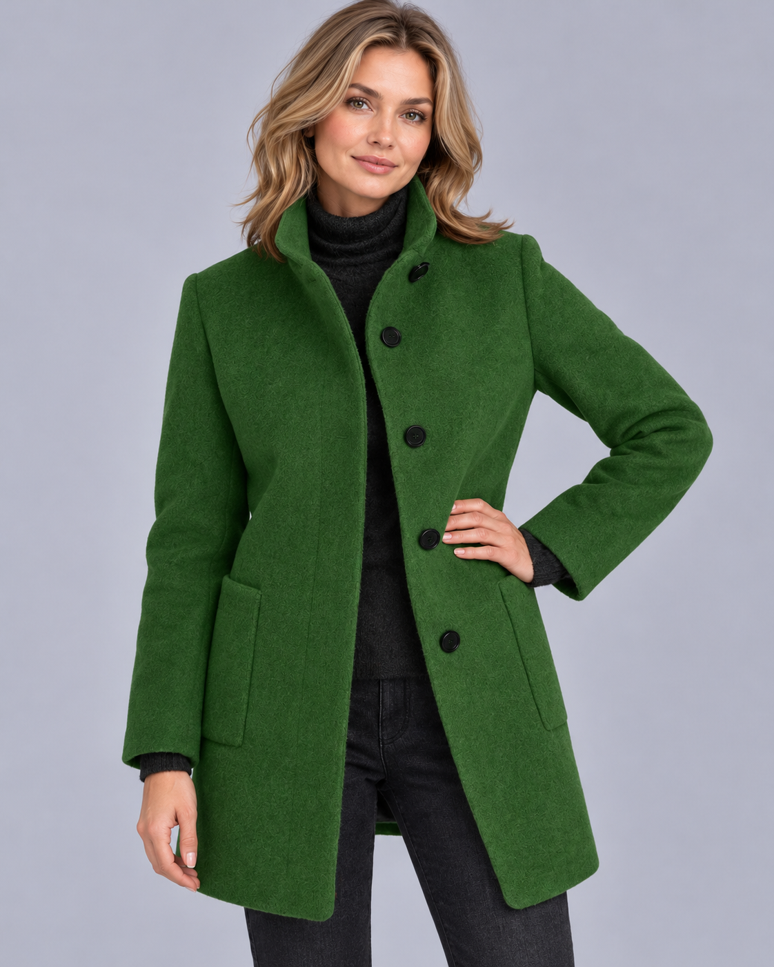 Women's Wool Midi Coat with Stand Collar