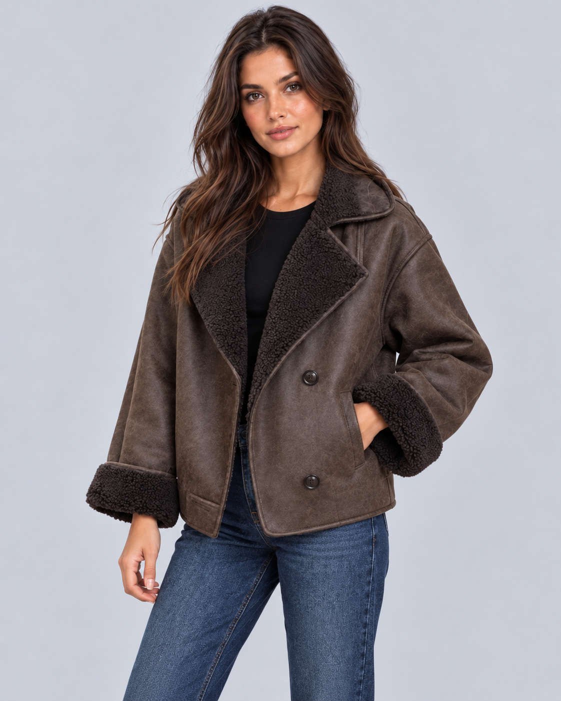 Women's Oversized Faux Shearling Jacket | Vintage Leather-Look Coat