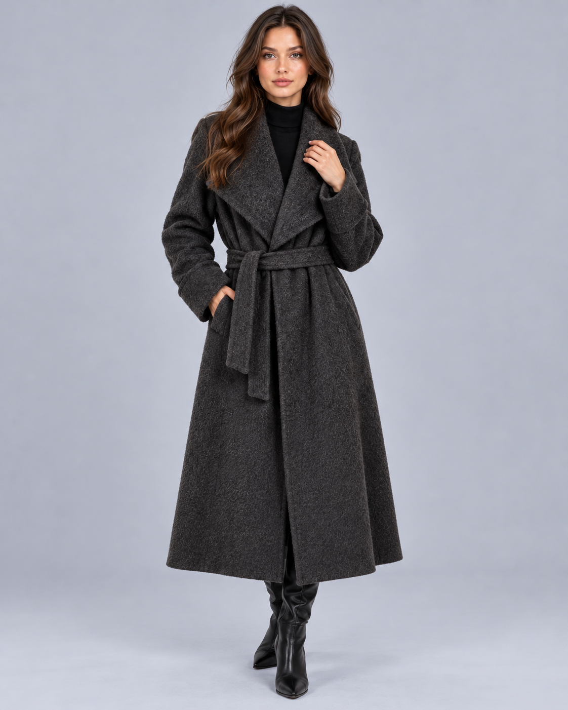 Women's Long Wool Blend Wrap Coat | Oversized Shawl Collar & Belted Waist