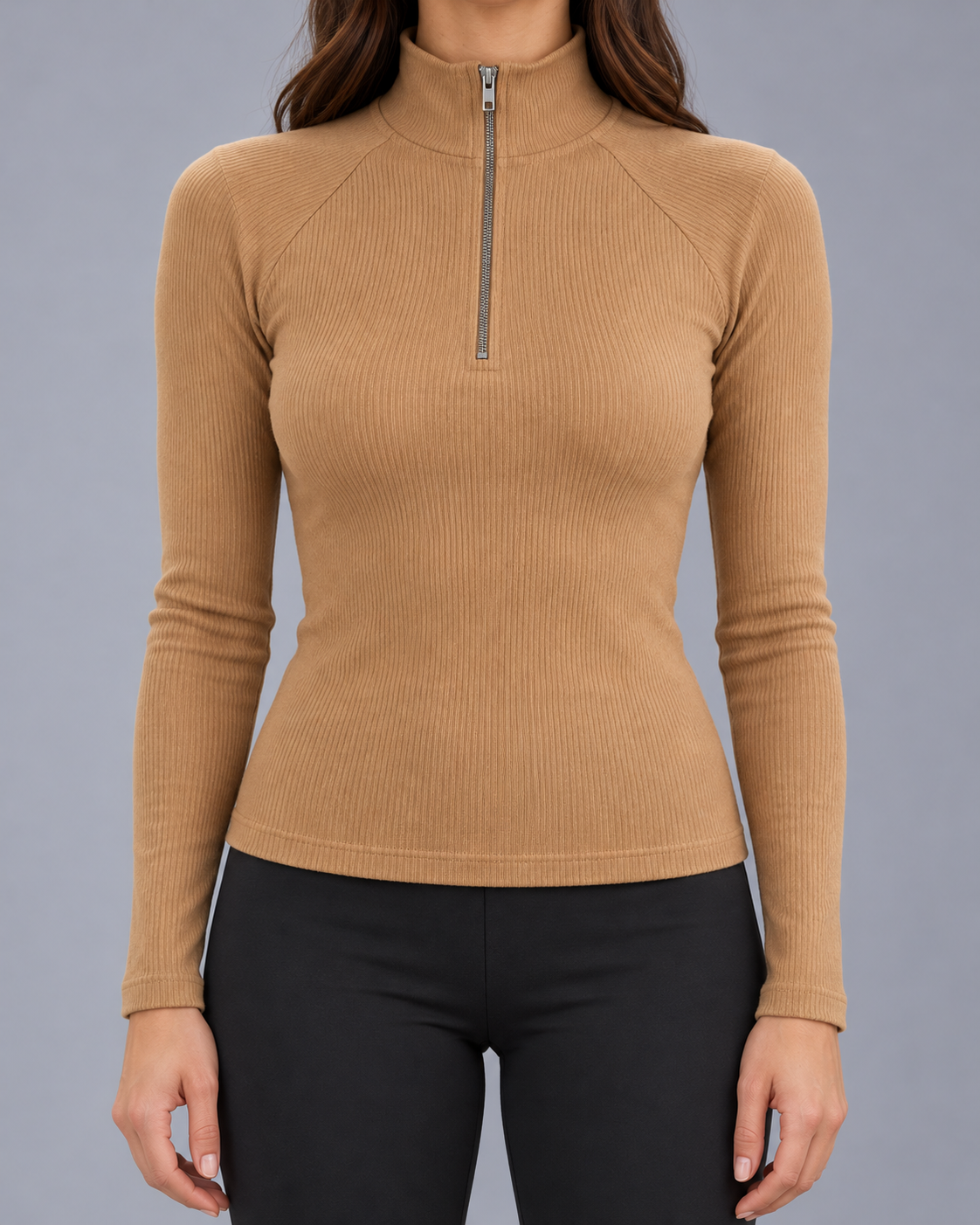 Women's Ribbed Quarter-Zip Jumper with Slim High Neck