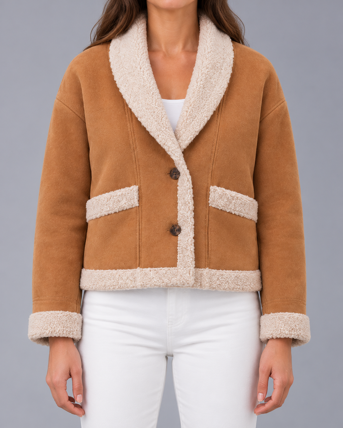 Women's Brown Faux Suede Jacket with Teddy Collar and Trim