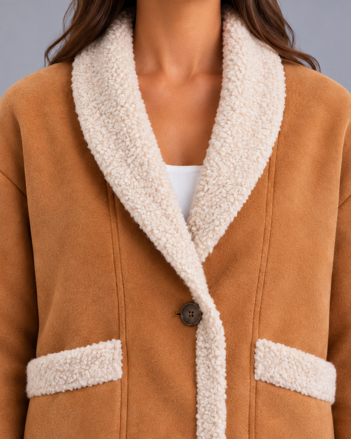 Women's Brown Faux Suede Jacket with Teddy Collar and Trim
