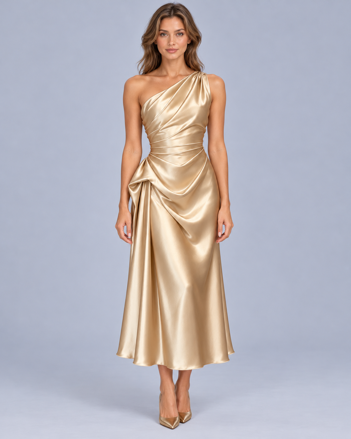 Women's One Shoulder Draped Midi Dress