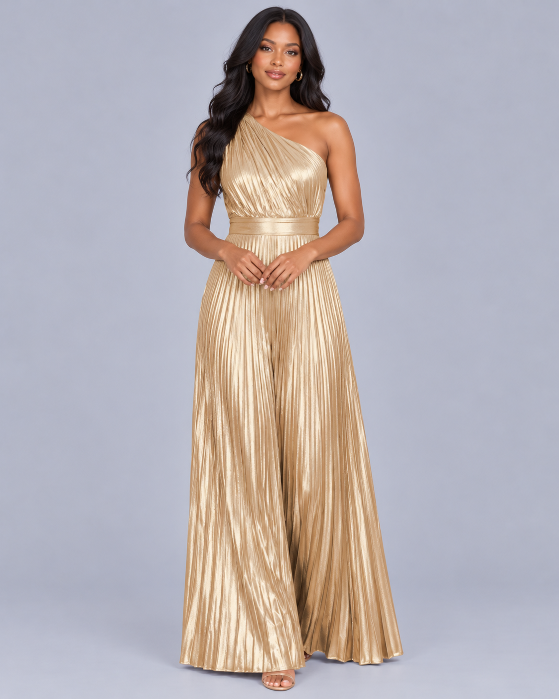 Women's One Shoulder Metallic Pleated Jumpsuit