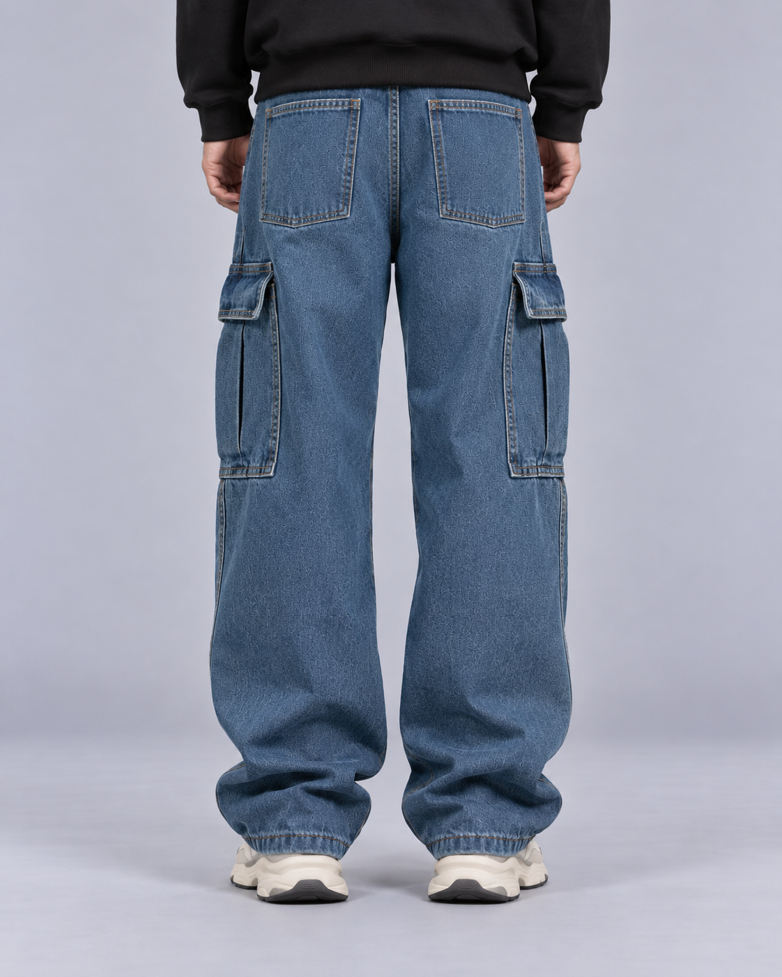 Men's Cargo Jeans 100% Cotton Denim – Loose Fit Straight Leg with Flap Pockets