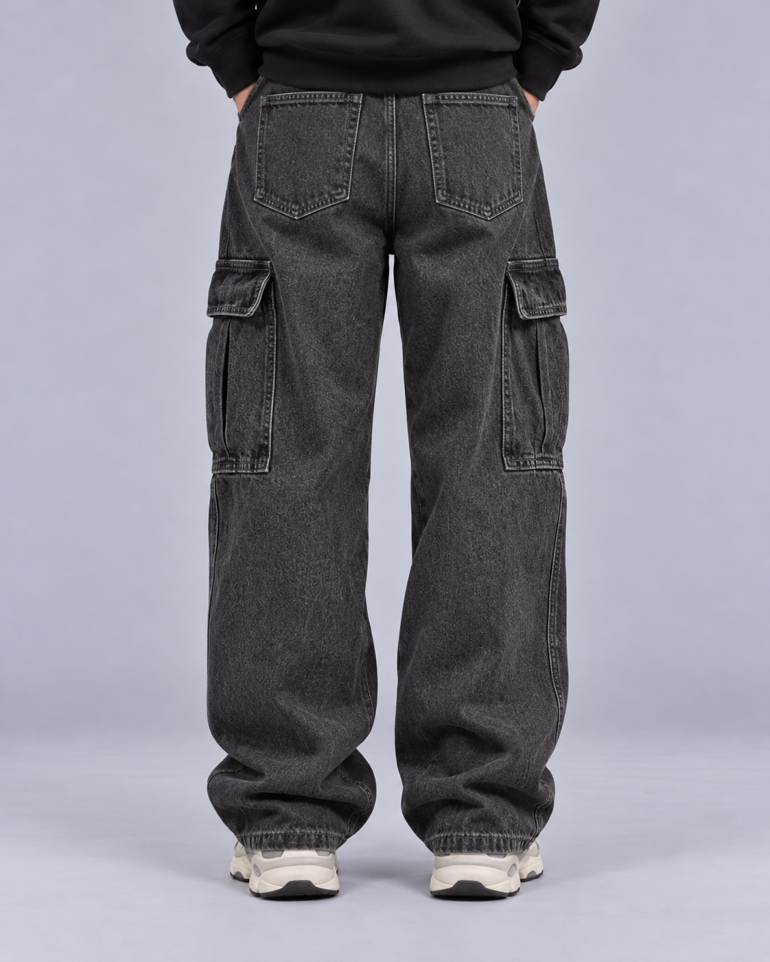 Men's Cargo Jeans 100% Cotton Denim – Loose Fit Straight Leg with Flap Pockets