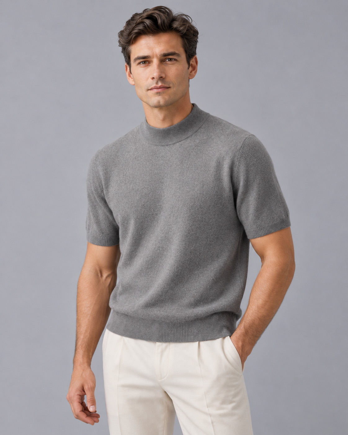Men's 100% Cashmere Mock Neck T-Shirt with Short Sleeves and Ribbed Trims