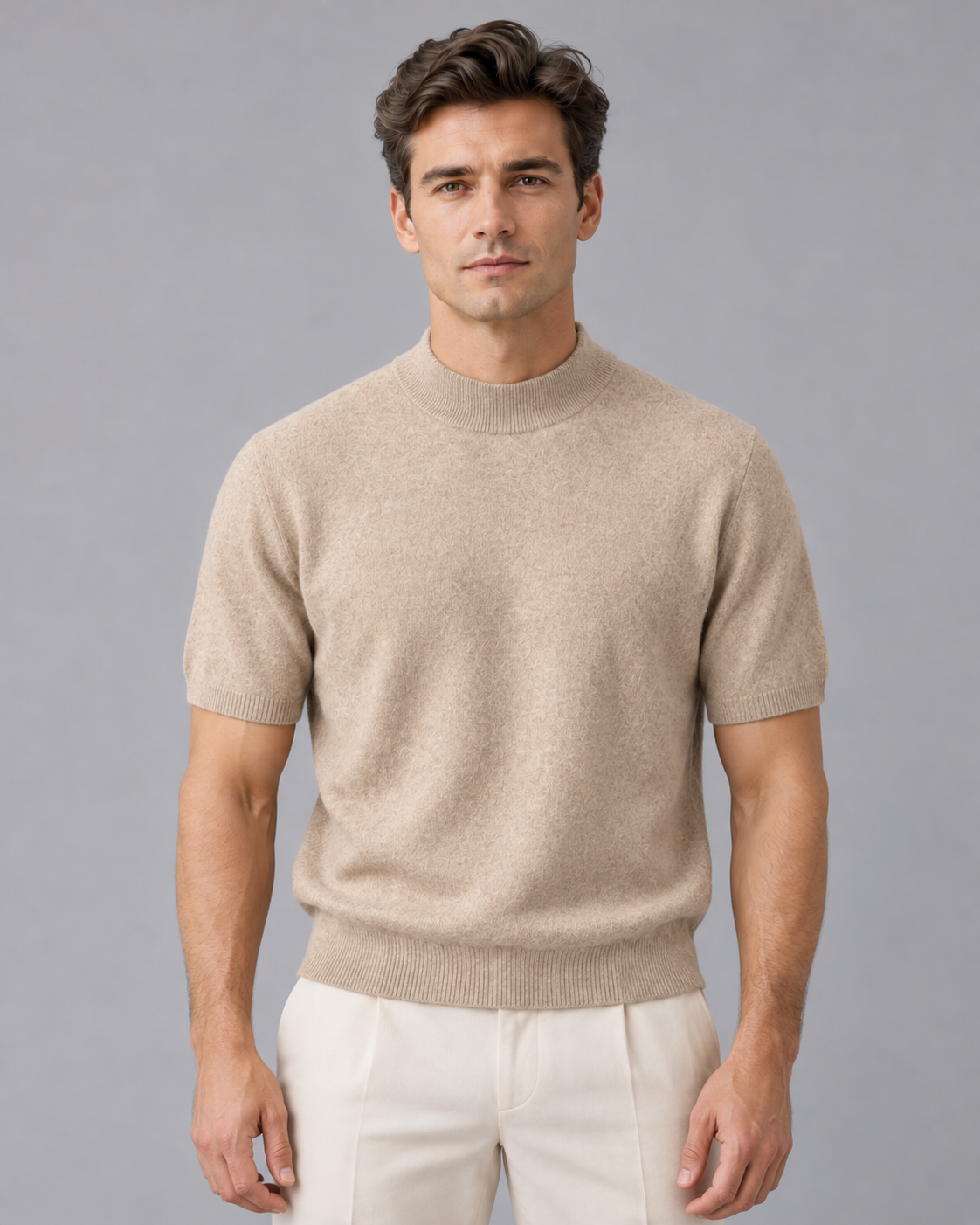 Men's 100% Cashmere Mock Neck T-Shirt with Short Sleeves and Ribbed Trims
