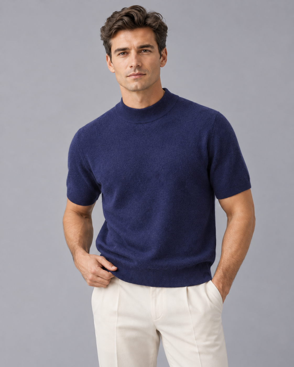 Men's 100% Cashmere Mock Neck T-Shirt with Short Sleeves and Ribbed Trims