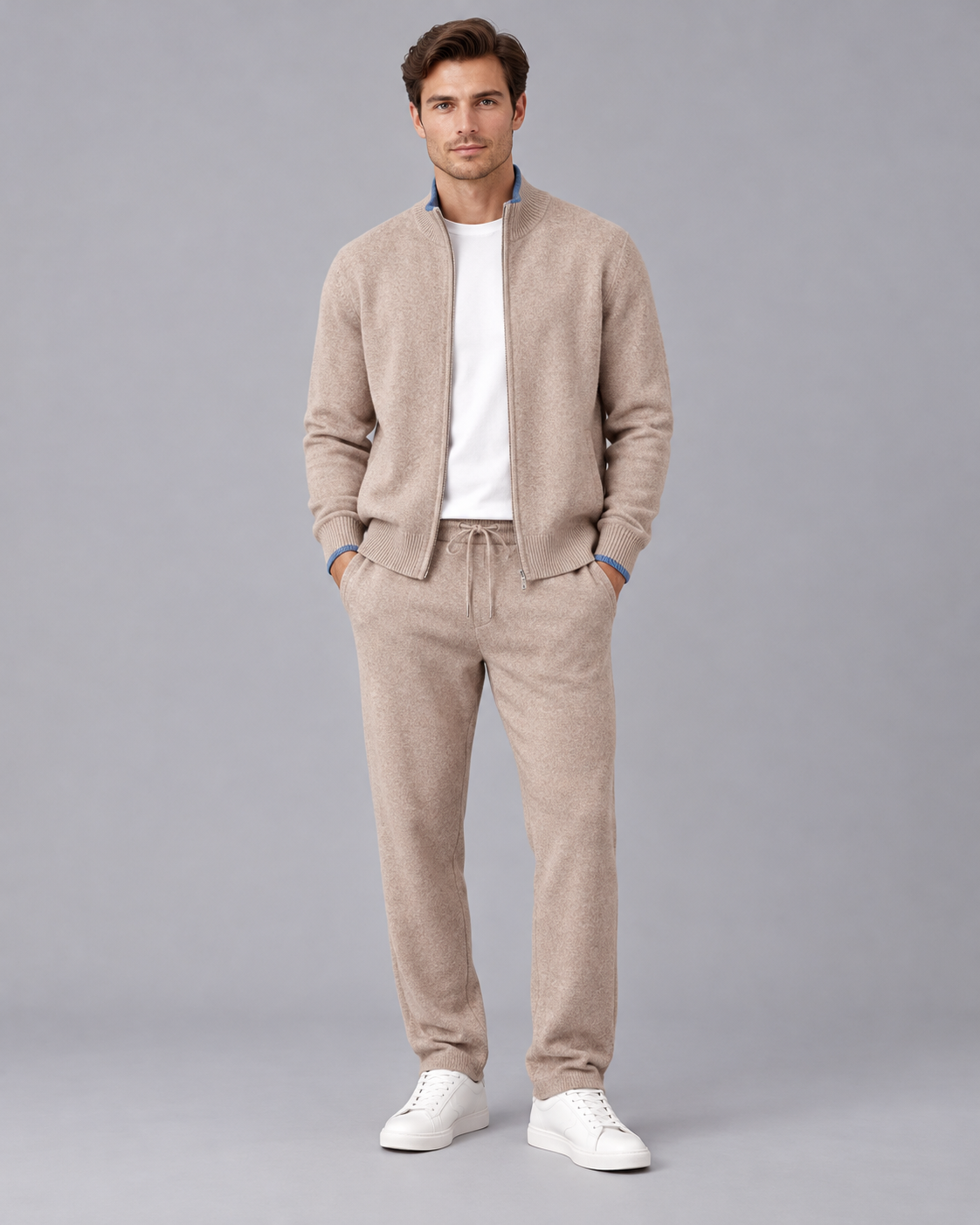 Men's 100% Merino Wool Tracksuit with Zip-Up Jacket and Drawstring Joggers