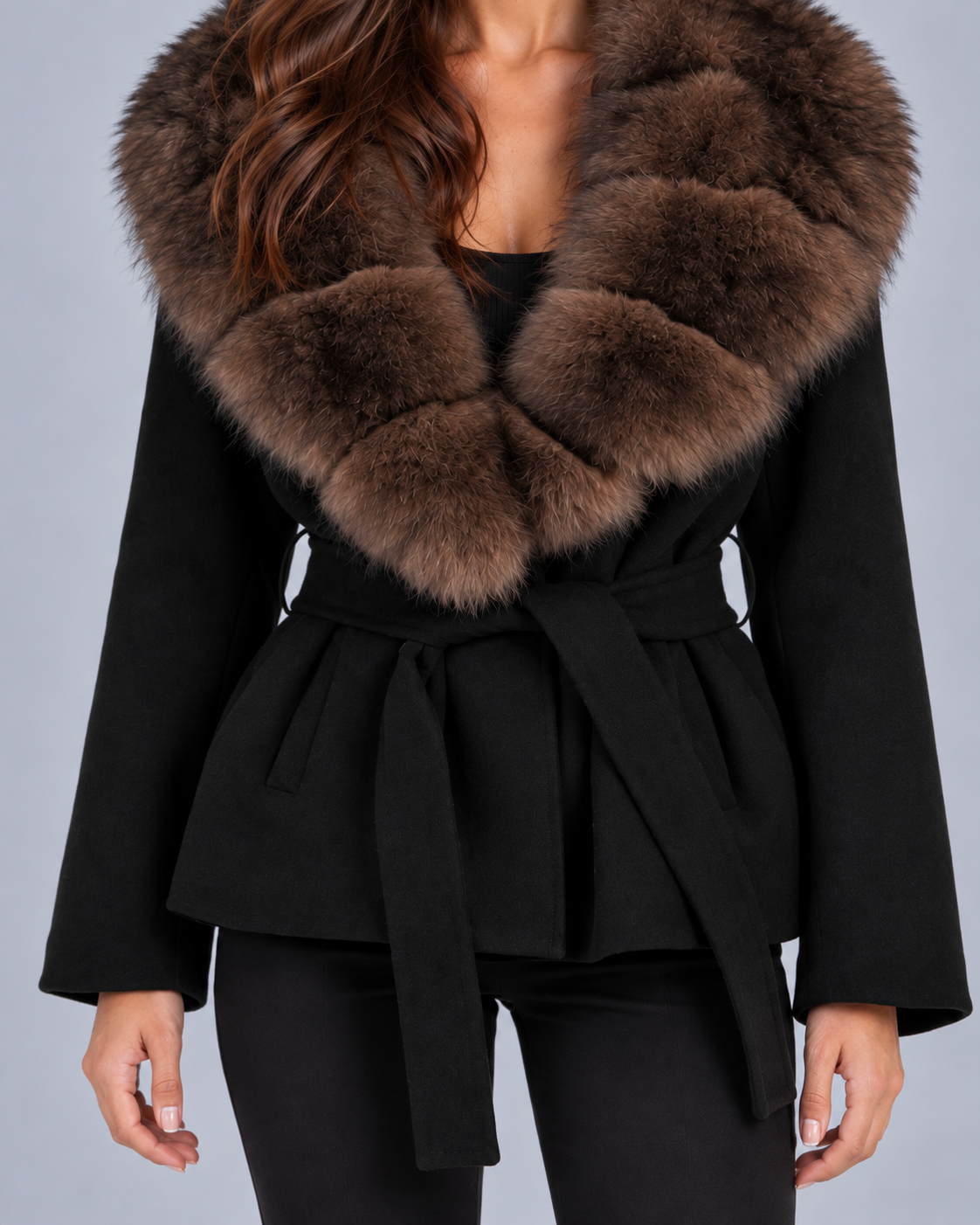 Women's Belted Wool Coat with Fur Collar