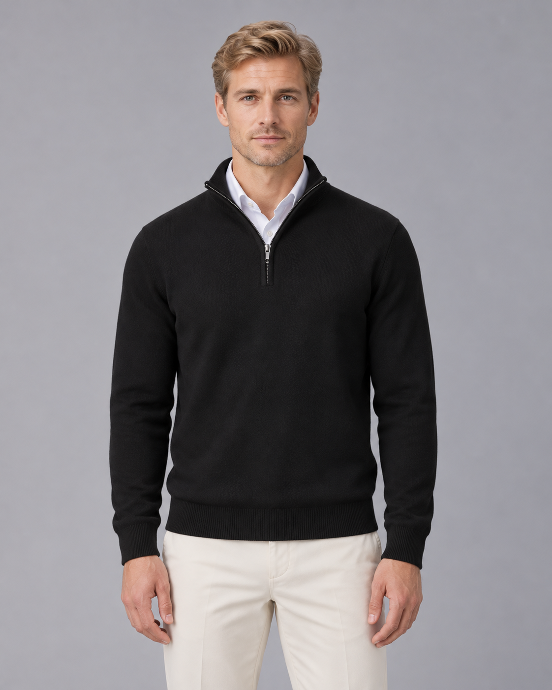 Men's Half Zip Jumper with Stand Collar and Ribbed Cuffs