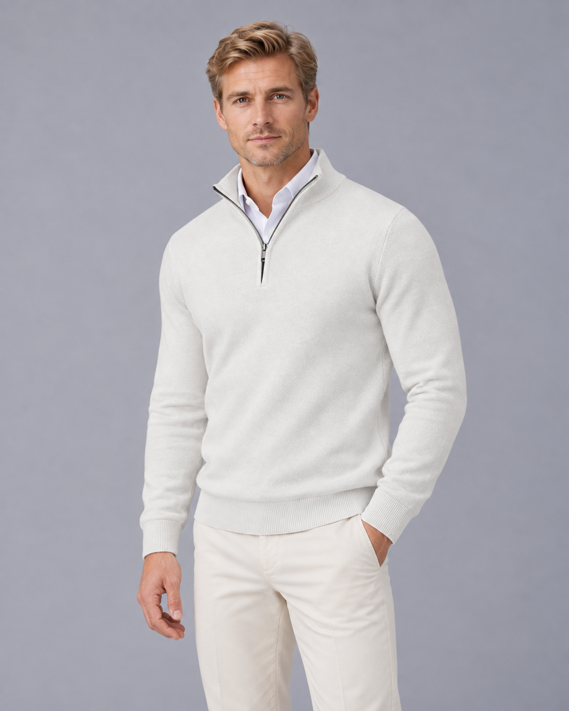 Men's Half Zip Jumper with Stand Collar and Ribbed Cuffs